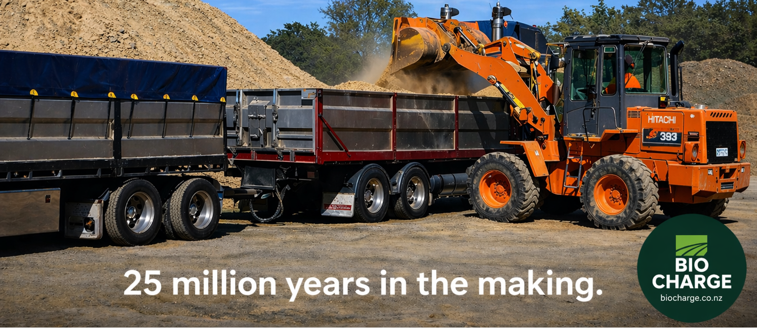 Orange forklift loading a truck with biochar, with text '25 million years in the making' and BiocharNZ logo.